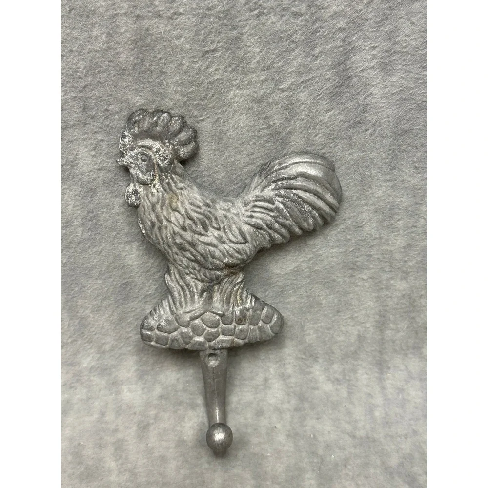 VTG Unbranded‎ Vintage Rooster Wall Hook Home Decor Silver Cast Metal Farmhouse